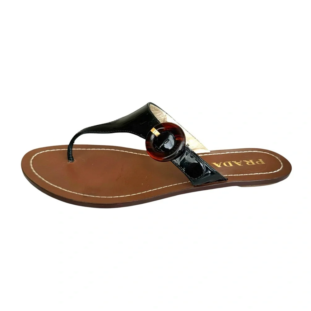 PRADA Black Patent Flat Sandals Leather Thong Slides Women’s 38 - Picture 10 of 17
